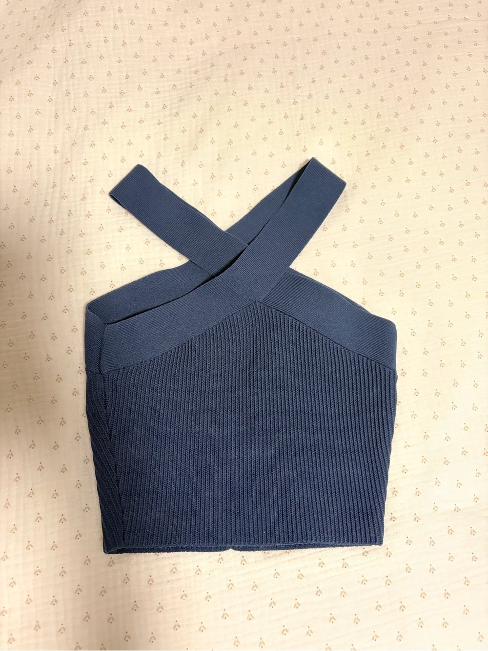Blue Cross-Strap Ribbed Knit Crop Top